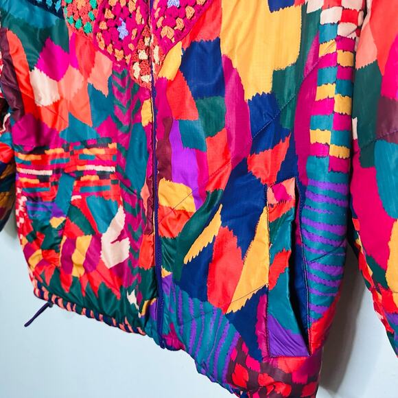 FARM RIO Crochet Patchwork Print Reversible Oversize Puffer Jacket Size Medium - Picture 13 of 16